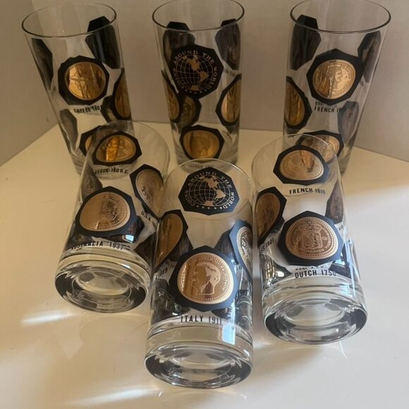 6 Vtg Libbey World Coins MCM Highball Glasses Numismatic Collectible Drinkware - Picture 2 of 6